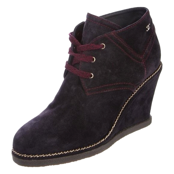 CHANEL Blueberry Blue Suede Wedge Boots 38.5 - Picture 1 of 16